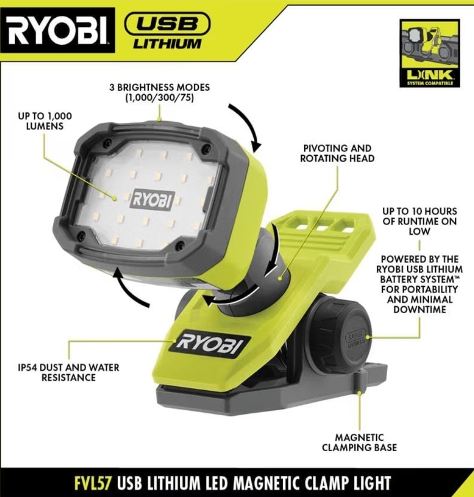 RYOBI USB Lithium Magnetic Clamp Light